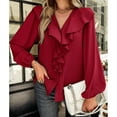 thumbnail image 2 of Top Casual Para Mujer, Blusa De Manga Larga Con Puños Elásticos, Elegante, Lavable A Máquina, Color Puro Para Citas Diarias ANGGREK Vino Tinto S, 2 of 8