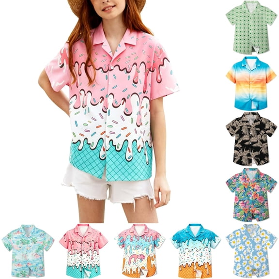 FUZHIQ Girls Boys Hawaiian Shirt, Fashion Graphic Blouse Short Sleeve Button Down Beach Shirts, 10-11 Years