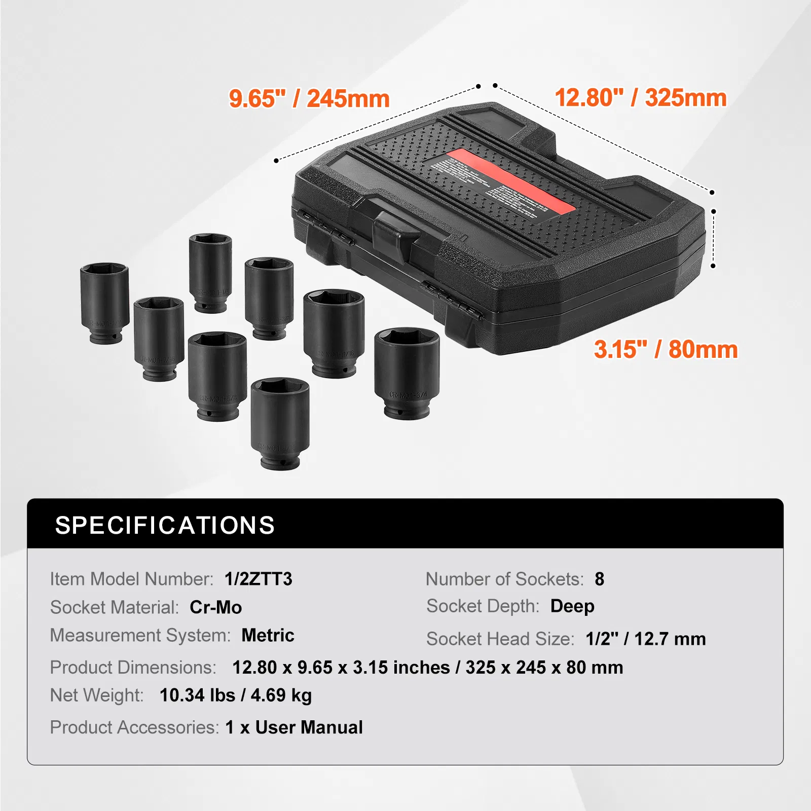 8-Piece 1/2-Inch Drive Deep 12-Point Metric Axle Nut Impact Socket Set for Auto Repair,CR-MO Heat Treated with Storage Case