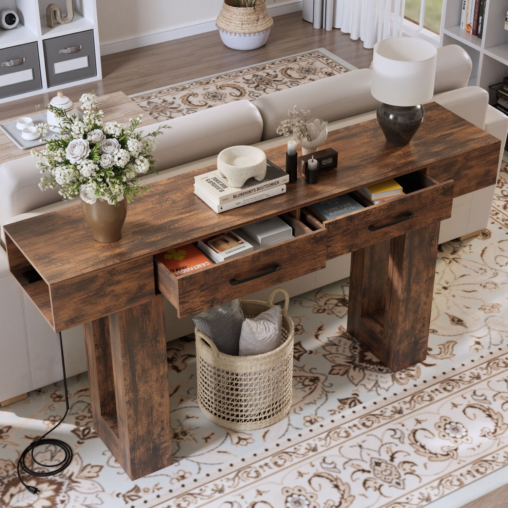 63" Long Console Table for Entryway, Holaki Console Table with Charging Station and 2 Drawer, Wooden Rectangular Sofa Table Behind Couch, Farmhouse Entryway Table for Hallway Living Room Entrance