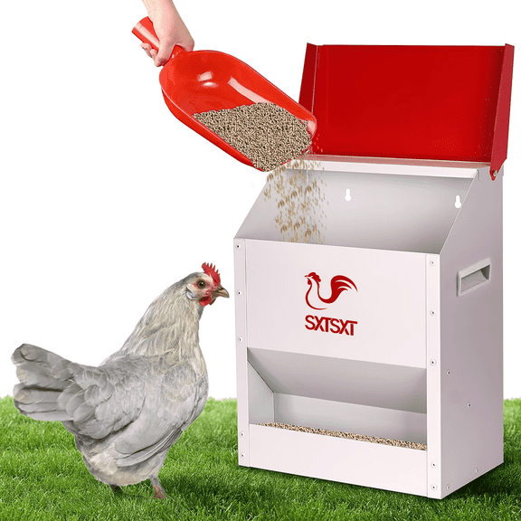 SXTSXT Heavy-Duty Metal, Weatherproof Gravity Chicken Coop Feeder with Hinged Lid, 23 lbs Tub