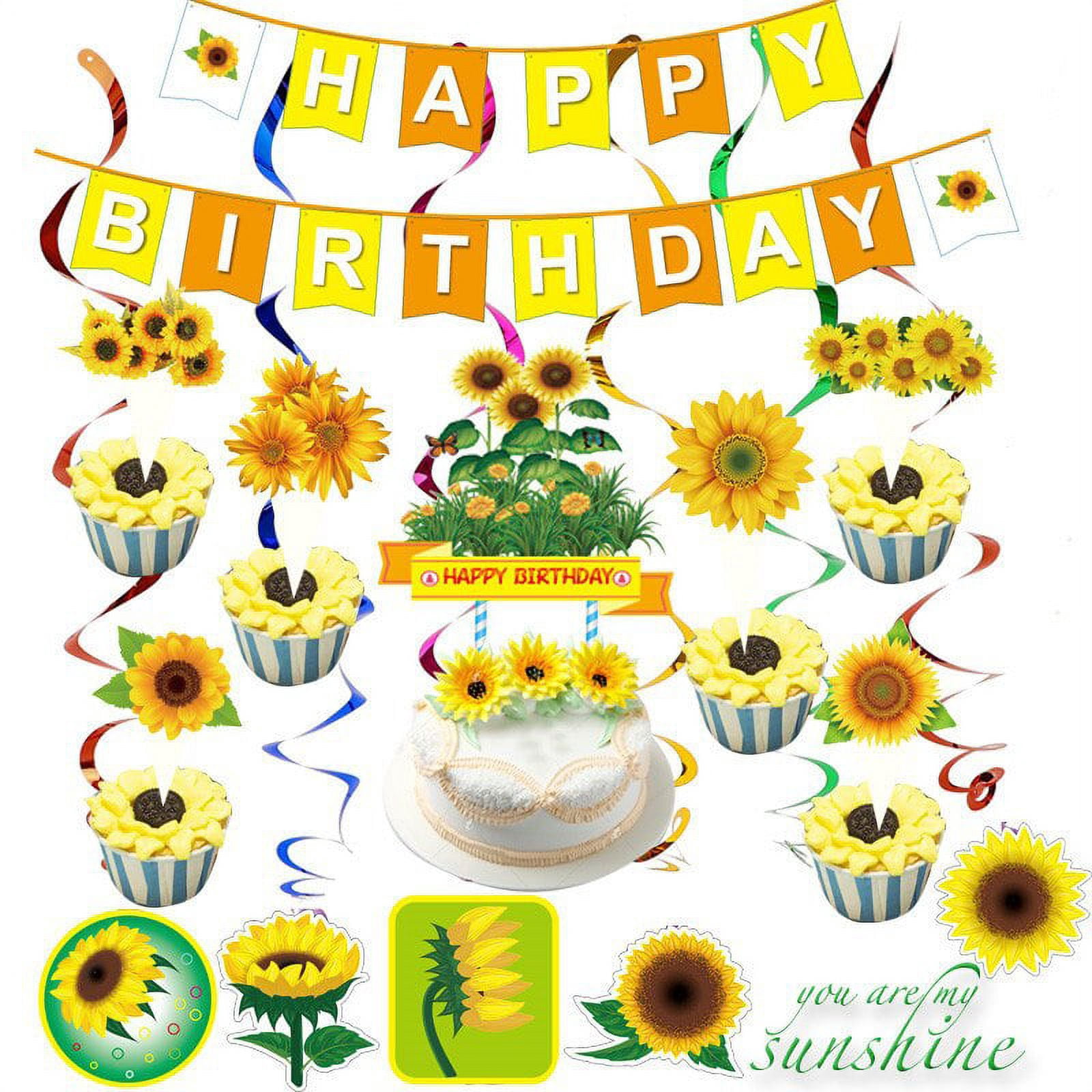 Sunflower Birthday Party Decoration, Yellow Birthday Banner Hanging Swirl Cake Topper for Boys Girls 1st 2nd Birthday Party Decoration Supplies