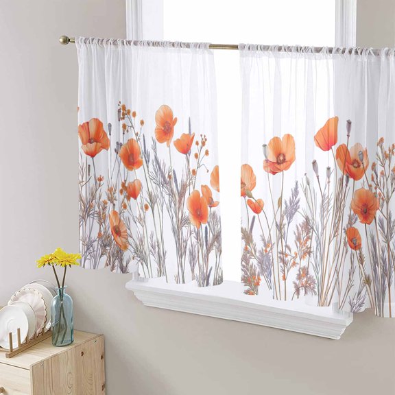 Orange Spring Floral Semi Sheer Curtains 45 Inch Length 2 Panels Set, Watercolor Summer Botanical Sheer Kitchen Curtain Privacy Voile Window Curtain for Living Room Bedroom Rod Pocket Drapes