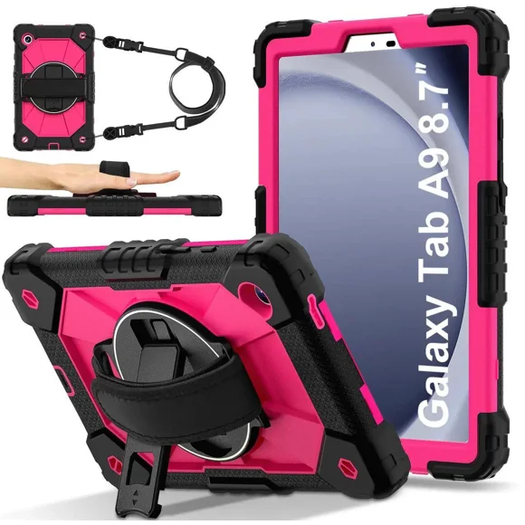 Case for Samsung Galaxy Tab A9 8.7 Inch 2023 Model SM-X110/X115/X117 with Rotating Stand Pencil Holder Hand/Shoulder Strap, Heavy Duty Shockproof Protective Cover