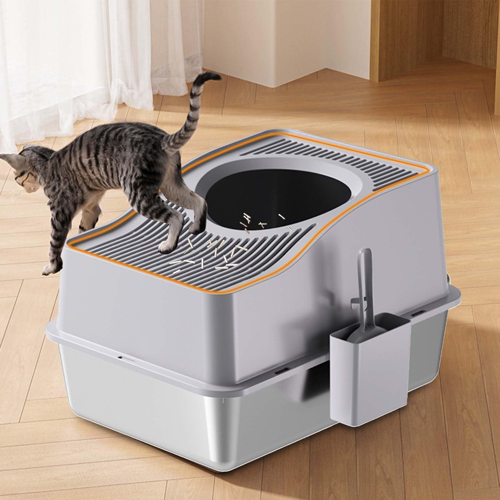 Garvee Enclosed Top-Entry Cat Litter Box with Stainless Steel Cover and High Sides, 60x40x34.5cm with Accessories and 15cm Grey Base