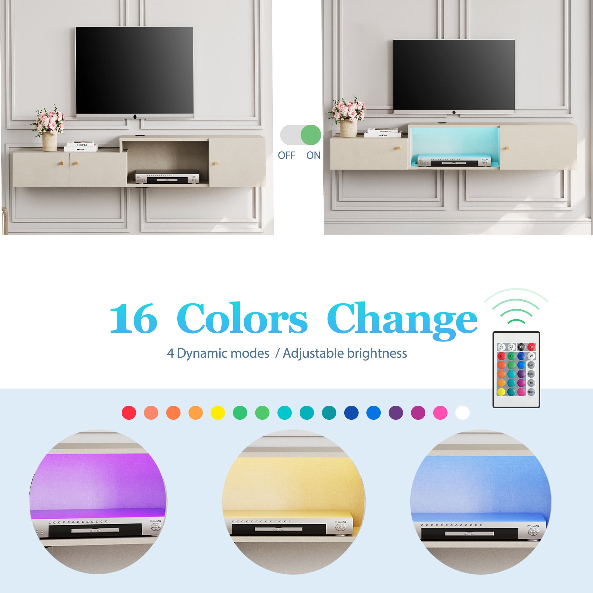 Floating Entertainment Center with Charging Station, Wall Mounted TV Stand with Colorful Light, Media Console Center with Storage, Modern Shelf Hanging Hutch Component Under TV,59''