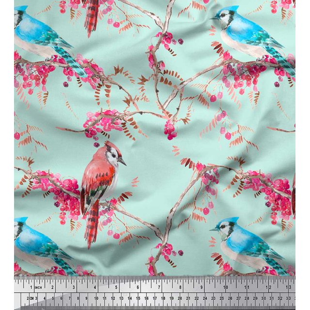 Soimoi Tissu en Voile de Coton Vert Baies Rouges & Décor d'Oiseau Bulbul Tissu Imprimé au Mètre 42 Pouces de Large