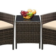 3 Piece Patio Furniture, Outdoor Wicker Conversation Bistro Set With 2 Chairs, 2 Cushions, 1 Coffee Table, Brown And Beige