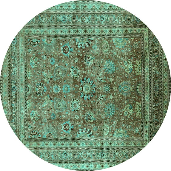 Ahgly Company Machine Washable Indoor Round Oriental Turquoise Blue Industrial Area Rugs, 3' Round