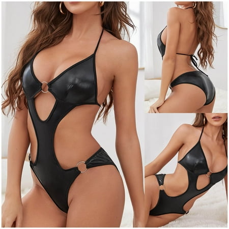 

Zpanxa Women Fashion Sexy Sling Artificial Leather Underwear Bodysuit Lingerie Black M