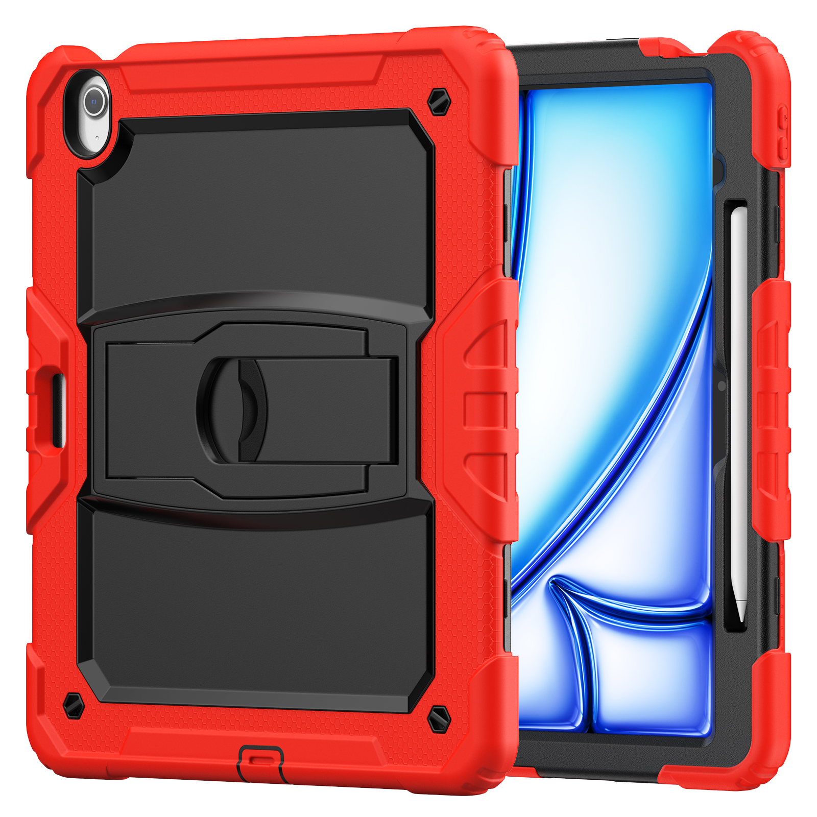 Rugged Case For Apple iPad Air 13 (2024) – 3-Layer Protection Shockproof Stand Cover with Screen Protector, Adjustable Stand, Shoulder Strap, & Pencil Holder -- Red