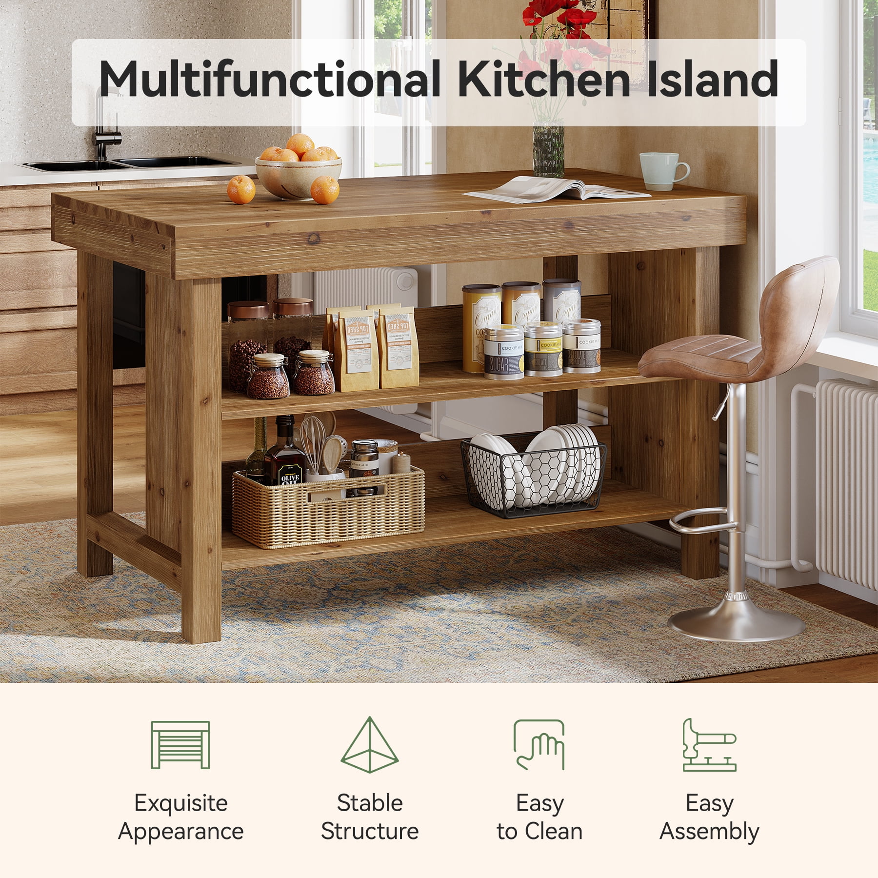 Fnova 55" 3-Tier Solid Wood Kitchen Island with Storage Shelf, Farmhouse Wooden Stationary Island Table with Large Worktop for Kitchen, Dining Room, Brown