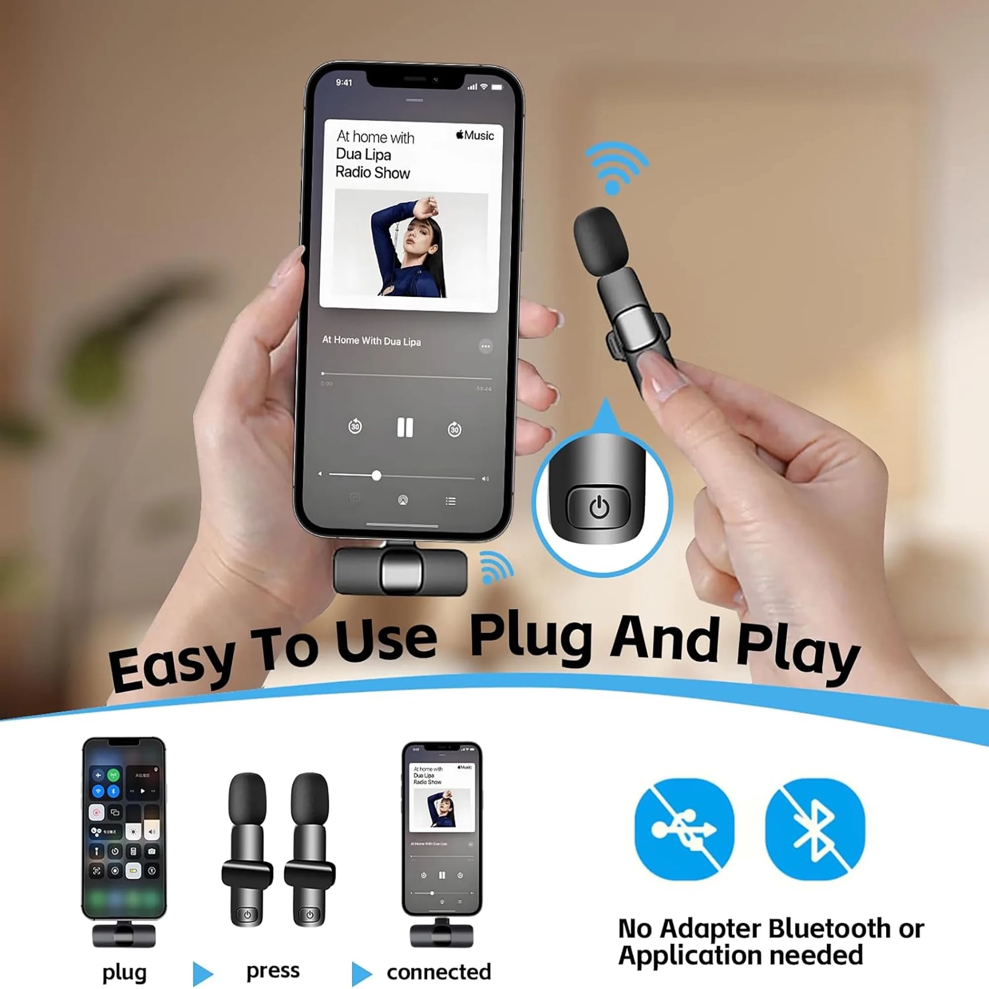 2-in-1 Wireless Lavalier Microphone Compatible for iPhone & Android, Plug & Play Clip-On Mic with Noise Cancellation for Gaming, Live Streaming, Vlog, YouTube, TikTok & Podcast