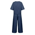 thumbnail image 4 of Pimfylm Linen Sets for Women 2 Piece Women's Boat Neck 1/2 Sleeve Shirts Wide Leg Breathable Cotton Pants Suits with Pockets Dark Blue, L, 4 of 6