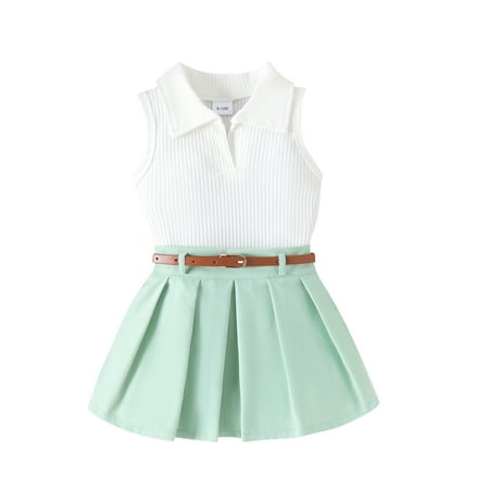 

Bslissey Toddler Girls Skirt Sets Solid Color Sleeveless Turn-down Collar Vest + Pleated Skirt with Belt 2Pcs Outfits Infant Baby Casual Summer Clothes 6M 12M 18M 24M 3T 4T