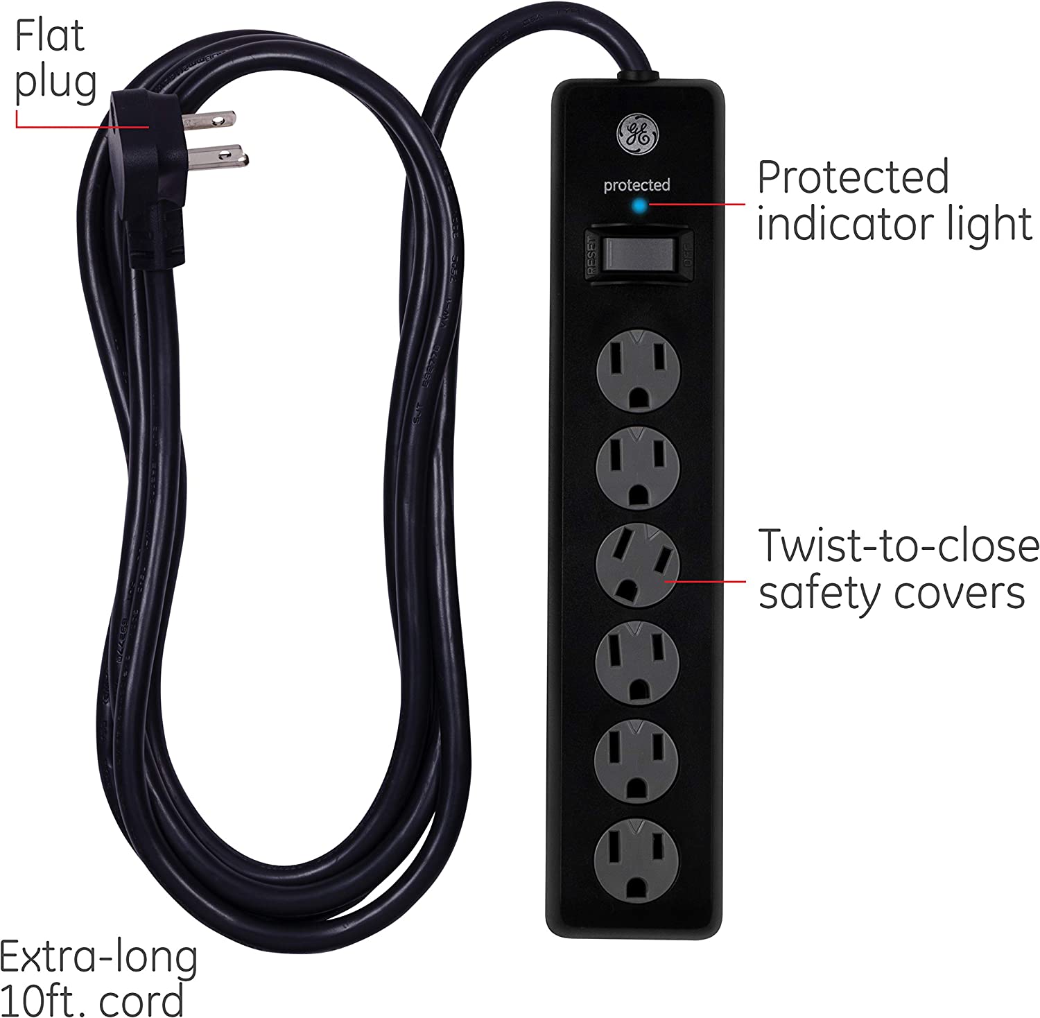 GE 6-Outlet Surge Protector, 10 Ft Extension Cord, Power Strip, 800 Joules, Twist-to-Close Safety Covers, Protected Indicator Light, ETL Listed, Black, 37442