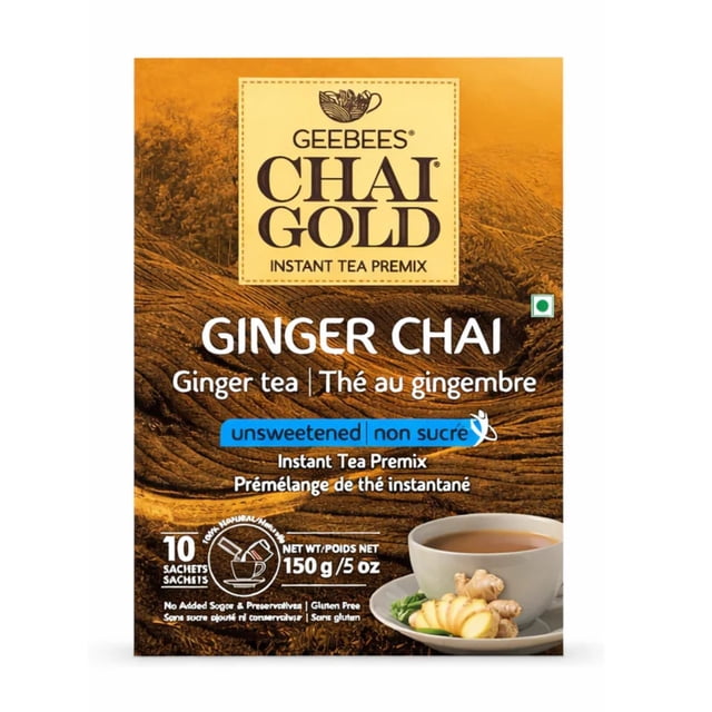 Geebees Chai Gold Ginger Chai Instant Tea Premix, Unsweetened, 150g (5 oz), 10 Sachets, Authentic Indian Adrak Tea, No Sugar, Quick & Easy Ready Mix