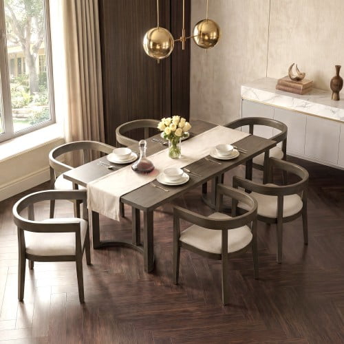 7-Piece Dining Table Set for 6 with Rectangular Table and Upholstered Barrel-Back Chairs, Modern Farmhouse Kitchen Dining Room Furniture, Espresso