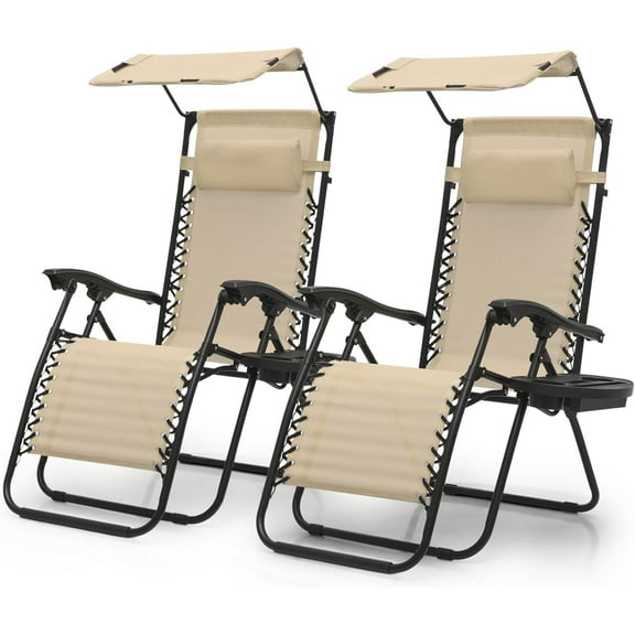 NALYL Zero Gravity Chair with Canopy Set of 2, Reclining Outdoor Patio Lounge Chair, Folding Anti Gravity Recliner, Portable Lounger with Removable Cup Holder Side Tray and Pillow Headrest (Cream)