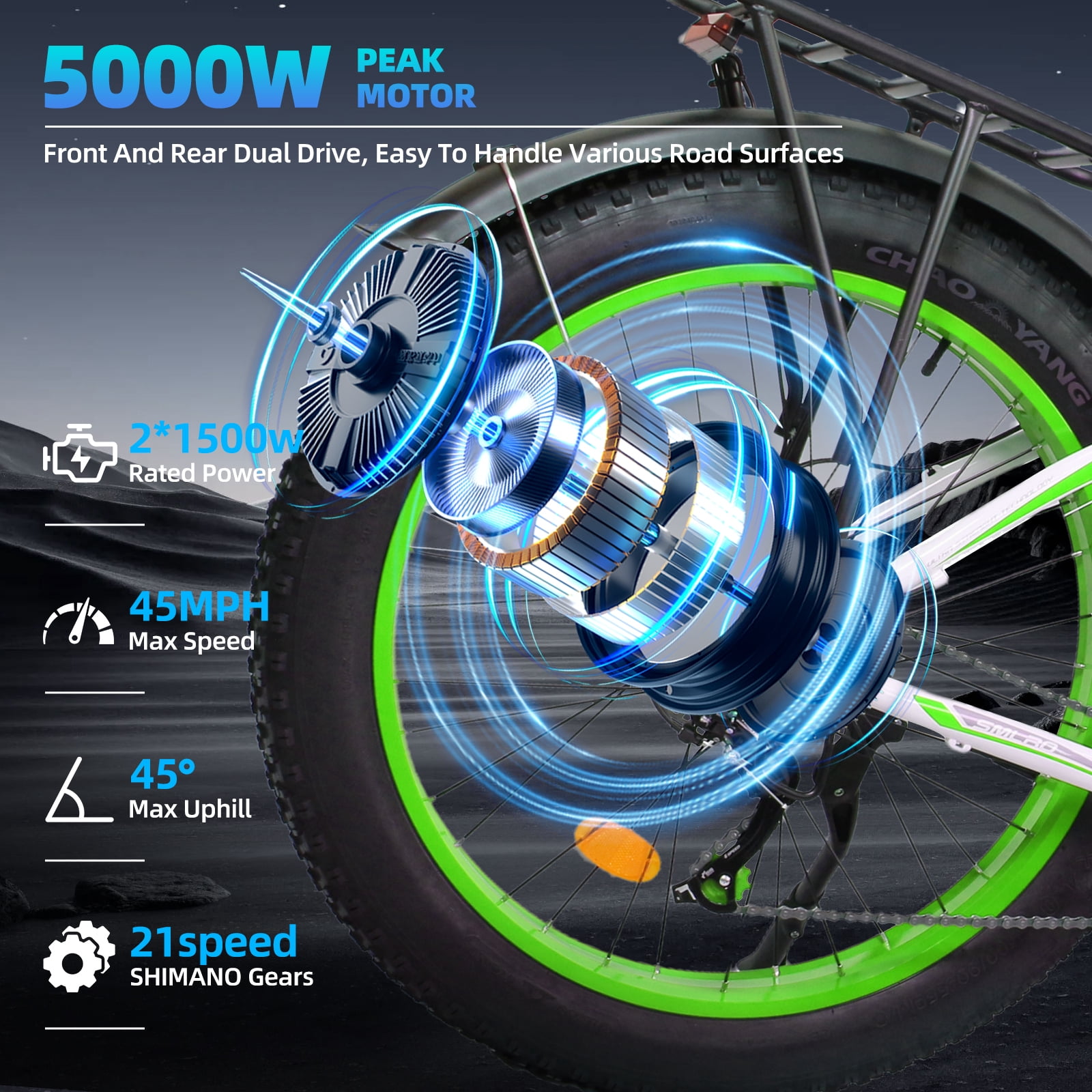 Electric Bike for Adults, 26x4.0 Fat Tire E-Mountain Bicycle, Peak 5000W Motor 52V-30Ah, Mountain Bike Beach Snow Ebike for Men, Green&White