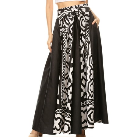 Sakkas Vero Women's Maxi Color Block Long Skirt African Ankara Print with Pockets - 112-Black/White - One Size