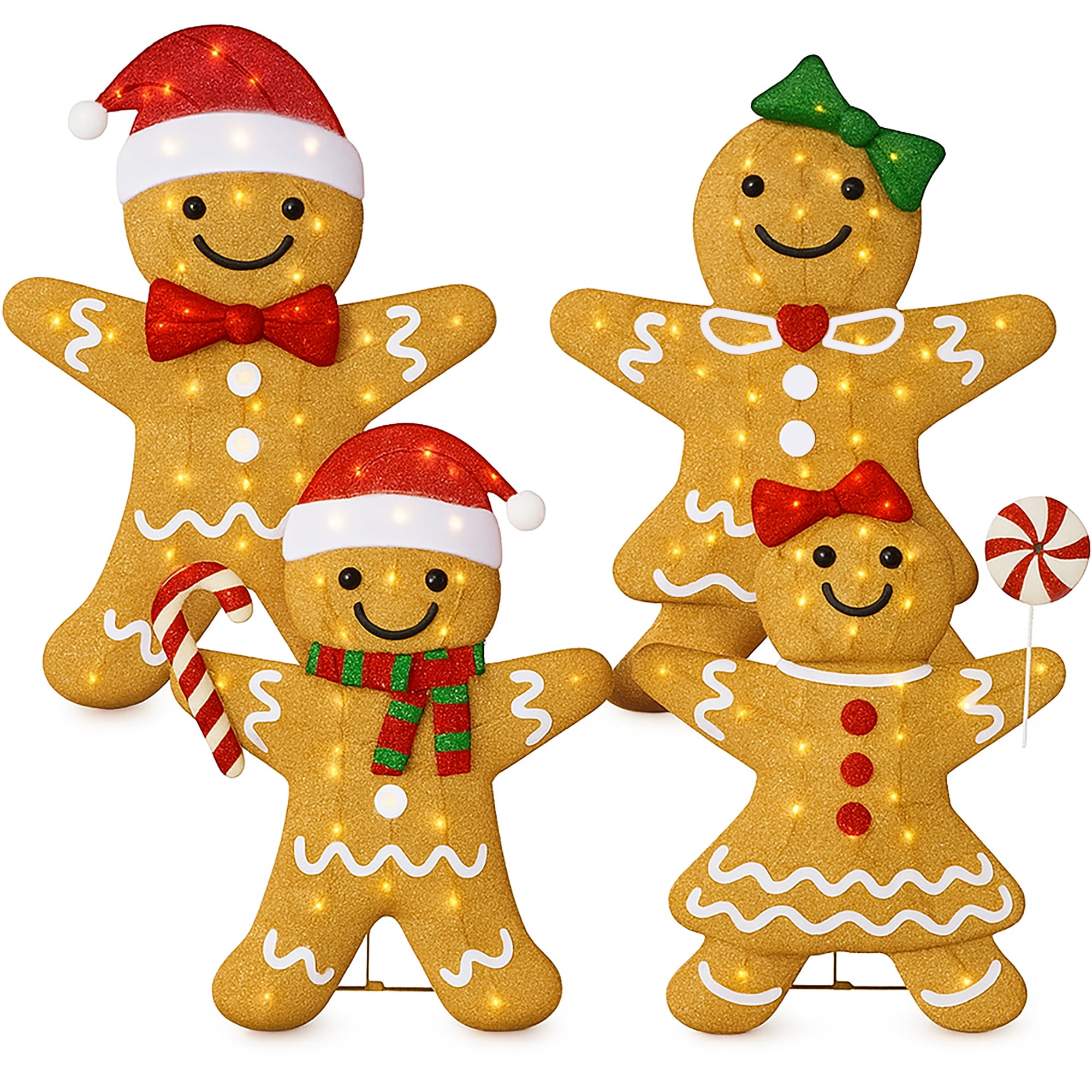 4pc Gingerbread Family 2D Christmas Yard Decor, 4ft Light Up Holiday Lawn Decoration, 236 LED Lights