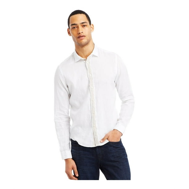 Kenneth Cole - Camisa con botones de mezcla de lino para hombre, color blanco, pequeño