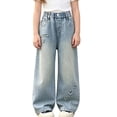 thumbnail image 2 of Spazoro Girls Denim Wide‑Leg Pants with Pockets, Elastic Waist Button Closure Loose Fit Heart Print . Casual Trousers for Daily Street Wear Blue Size 4-5T, 2 of 8