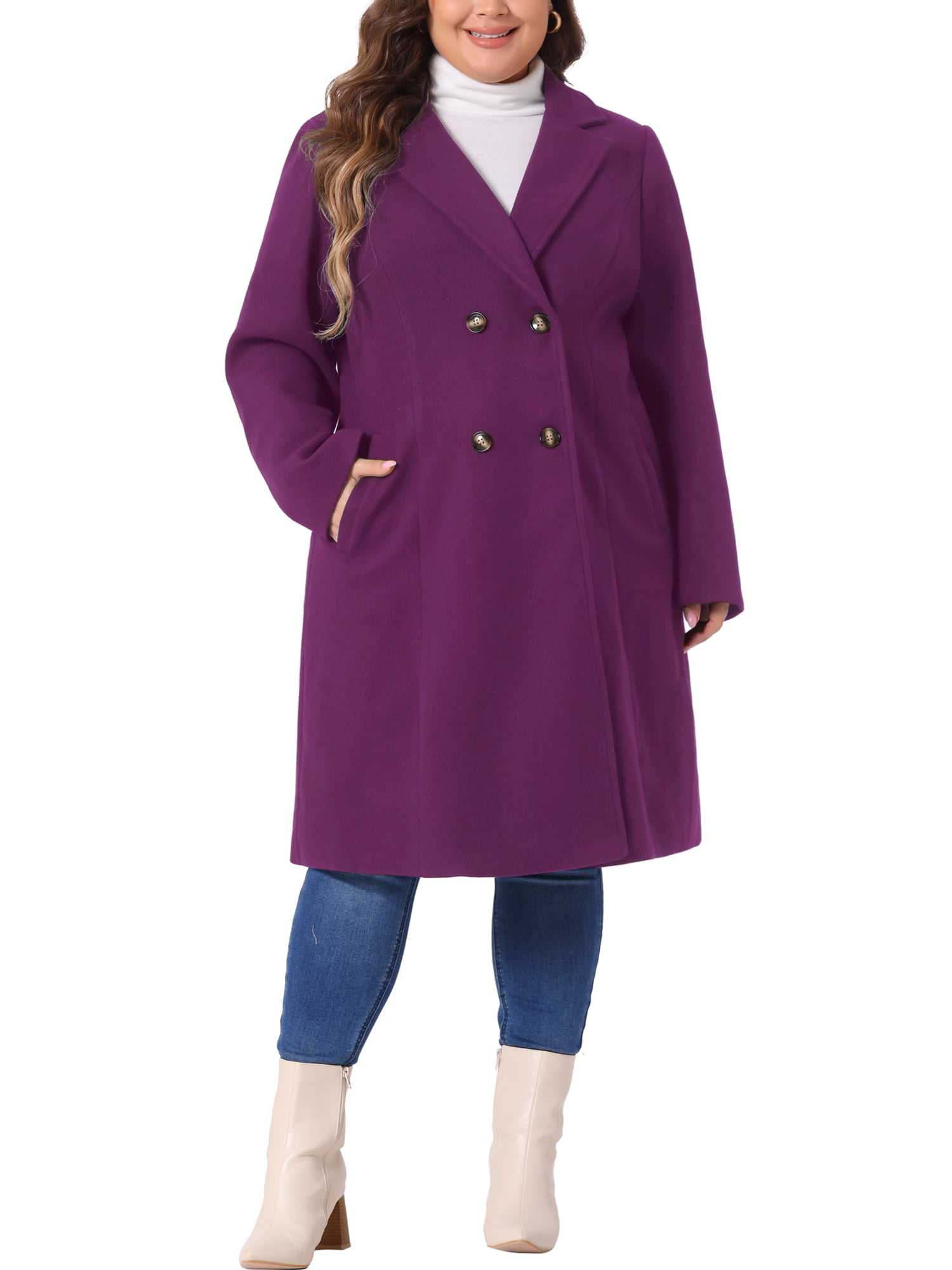 DARING DIVA Women's Plus Size Notched Lapel Warm Double Breasted Coat 4X Purple