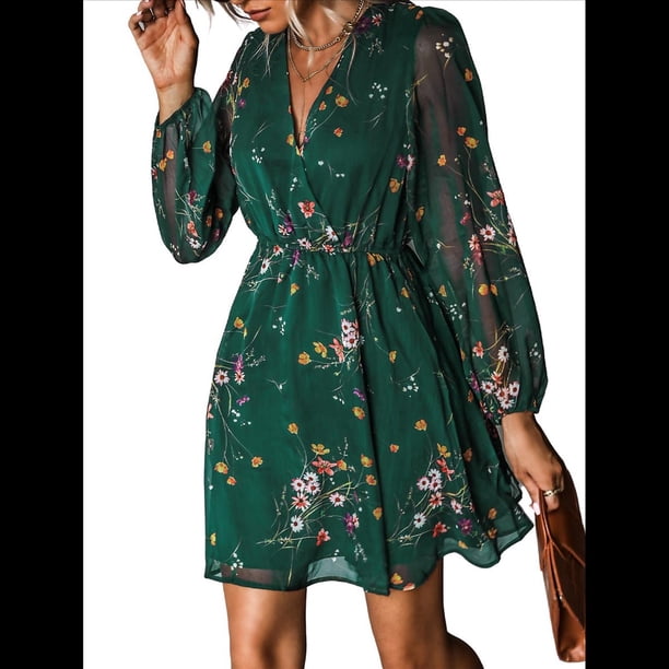 Minivestidos Casuales de para Mujer, con Escote en V, de , Mangas Largas, Sueltos, para Verano Verde S