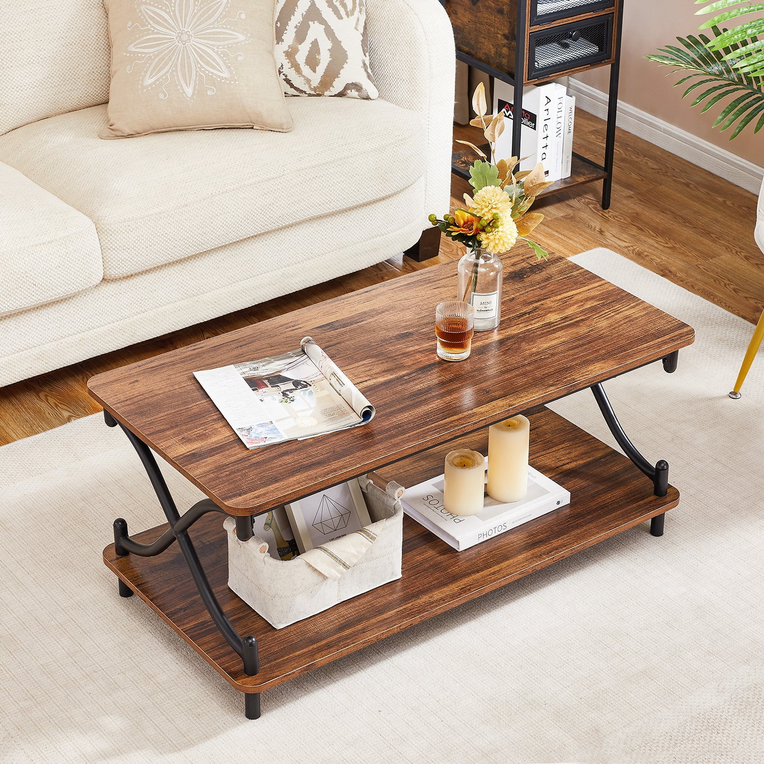 VECELO Rectangle Coffee Table with Storage Shelf, Modern X-Design Side Metal Frame for Living Room Office, Brown
