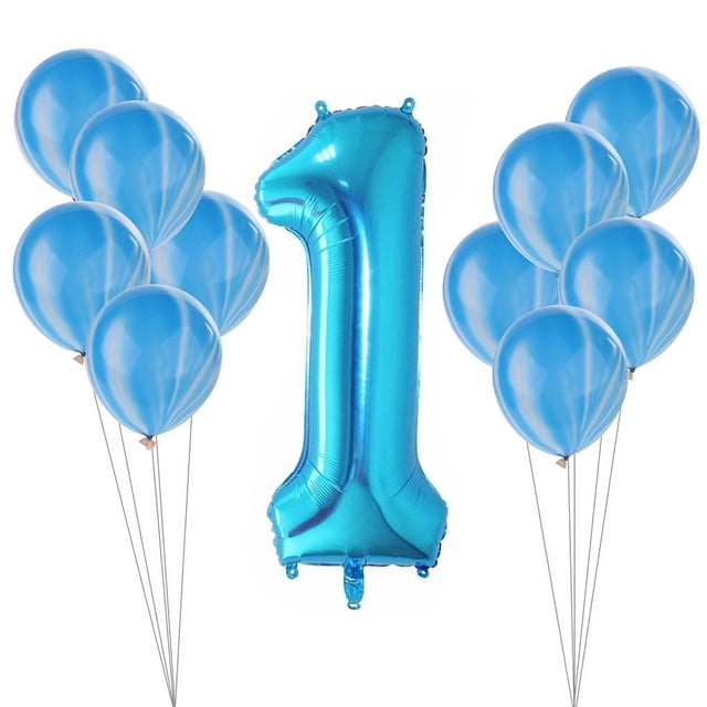 Billuyoard 11 Uds. Globos de confeti de látex de ágata para niño y niña, decoración para fiesta de 1er cumpleaños, globos de aluminio Kits de decoración para fiestas Ágata azul