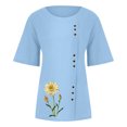 thumbnail image 4 of ICHUANYI Clearance Women's Short Sleeved Casual Plus Size Round Neck Flower Printed Loose Button Cotton Linen Top(Blue, XL) ICHUANYI WER2023080814113, 4 of 5