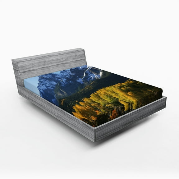 Ambesonne Landscape Fitted Sheet, Colorado Village, Queen Size, Green Blue