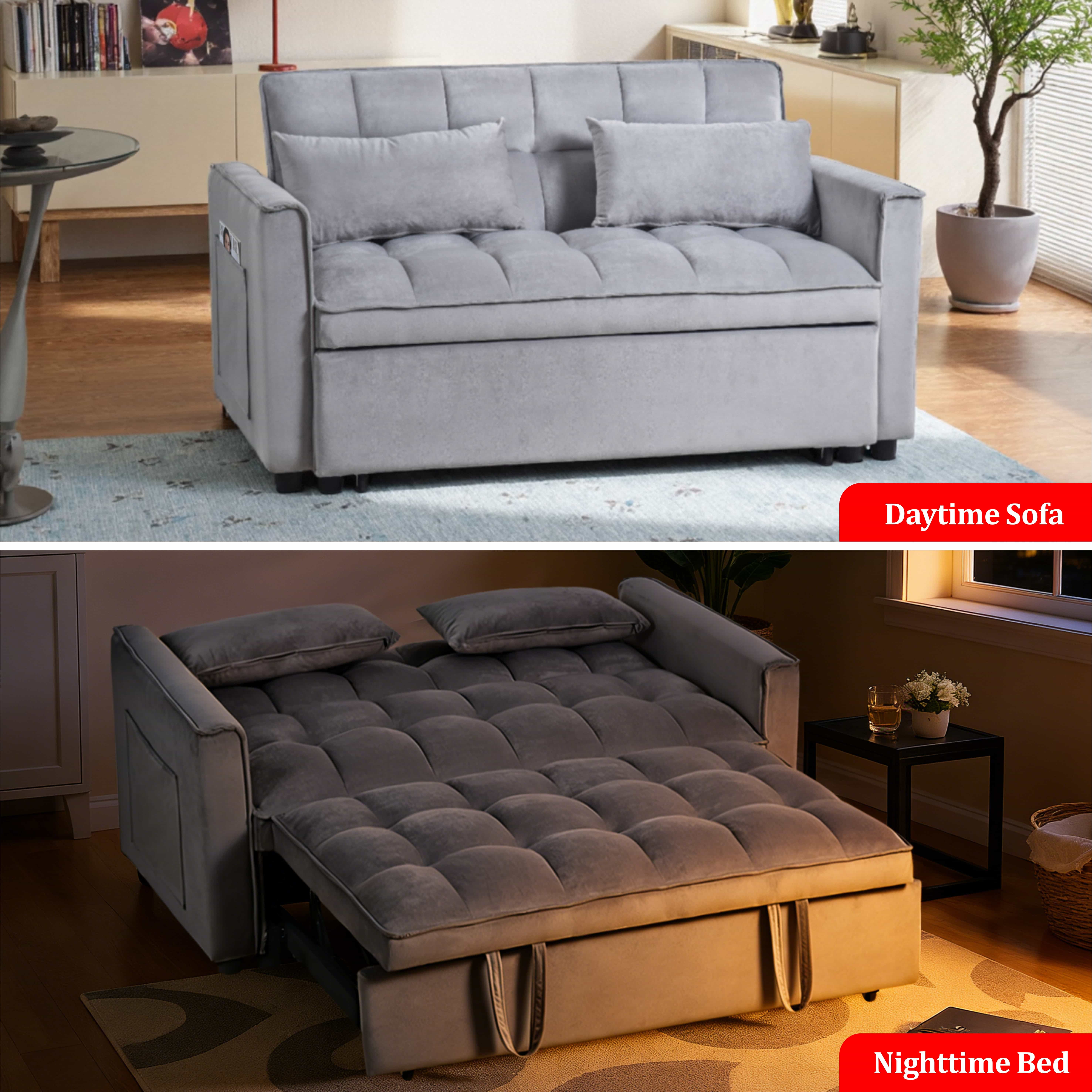 BSHTI 3 in 1 Modern Velvet Loveseat Sofa Bed-3-Position Adjustable Convertible Sleeper, Side Storage Pockets, Square Tufted, Easy Assembly, for Small Space Apartment,Silver Gray