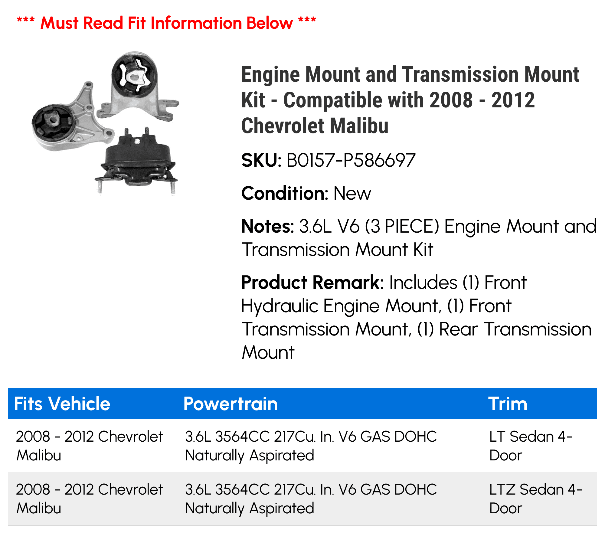 Engine Mount and Transmission Mount Kit - Compatible with 2008 - 2012 Chevrolet Malibu - Replacement