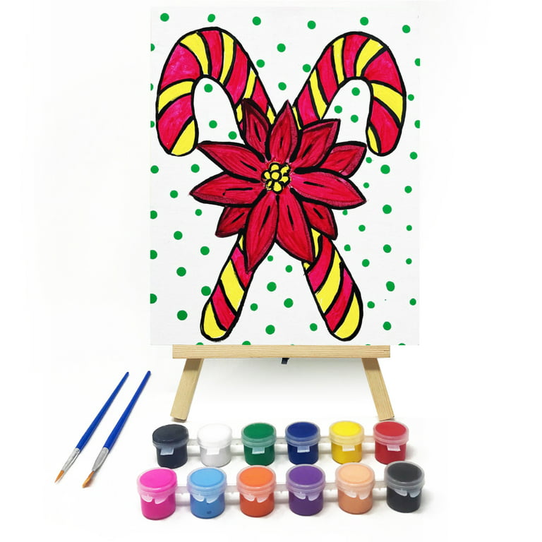 Christmas Art Paint Kits with Canvas Board Drawing Includes 12 Color  Acrylic Paint Set and 2 Paint Brushes - Candy Cane Design