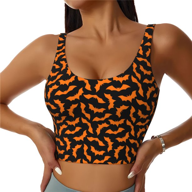 Fotbe Halloween Bat Sujetador Deportivo Largo sin Aros para Mujer con Almohadillas y Soporte Medio, Transpirable y Absorbente, Camiseta Tipo Chaleco o Tank Top-X-Large