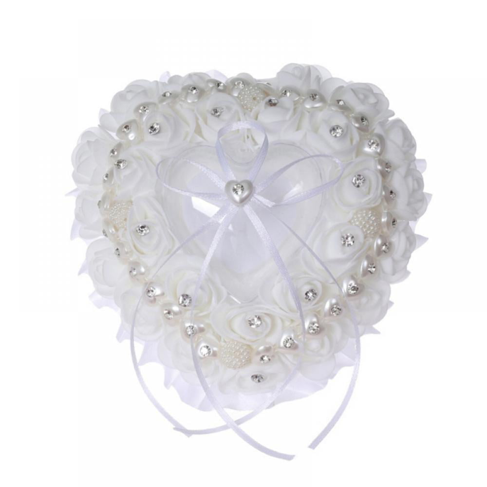 White SCSpecial Wedding Ring Pillow Ceremony Heart Shaped Ring Bearer Cushion Weddings Ring Box Holder Romantic Wedding Accessories 