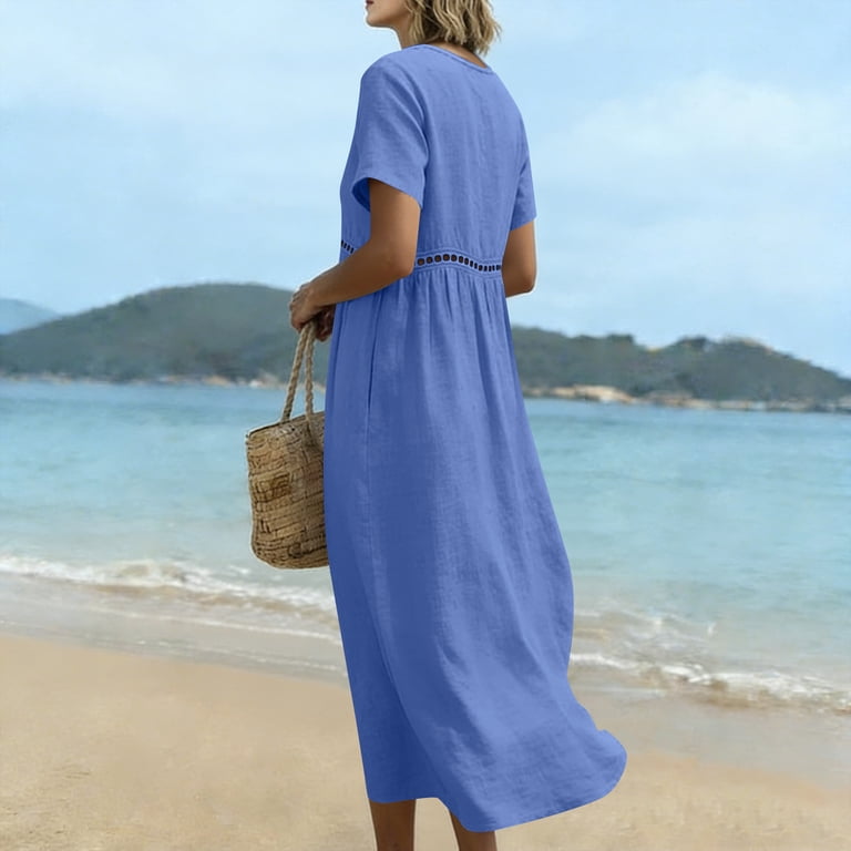 plus size beach dresses walmart YWJOUDA Summer Fashion Dresses for Womens 2026 Plus Size Cotton And Linen Solid Color Dress Short Sleeved V-neck Lace Trimmed Loose Casual Summer