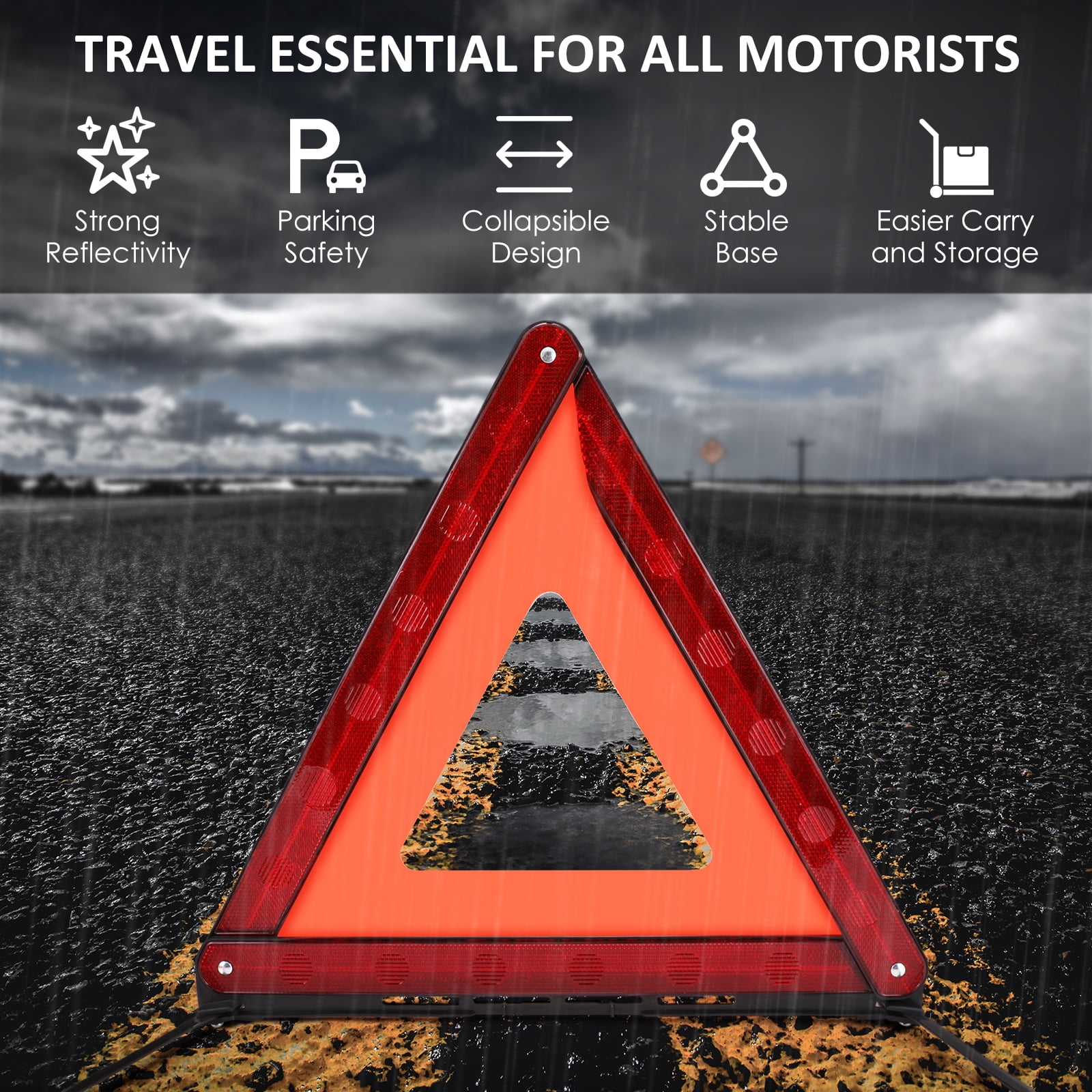KKSQ Safety Triangles, Emergency Reflectors - Roadside Kit, 3-Pack with Anti-Slip Base, Foldable for Car, Truck, Motorcycle