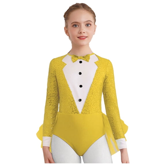 SiiRoh Kids Girls Sequin Ballet Leotard with Tulle Skirt Back Jazz Dance Outfit Long Sleeve Gymnastics Bodysuit Yellow 12