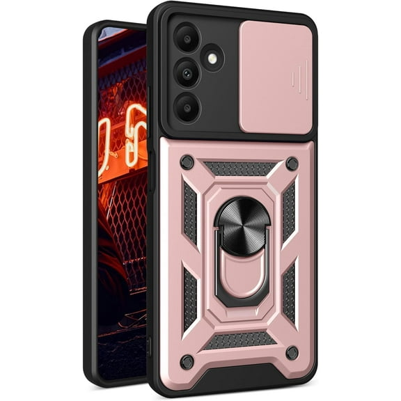 Heavy Duty Case for Samsung Galaxy A15 5G with Slide Camera Cover & Magnetic Rotatable Ring Kickstand, Military Grade Shockproof Protection Phone Case for Samsung Galaxy A15 5G SJ-Rose Gold