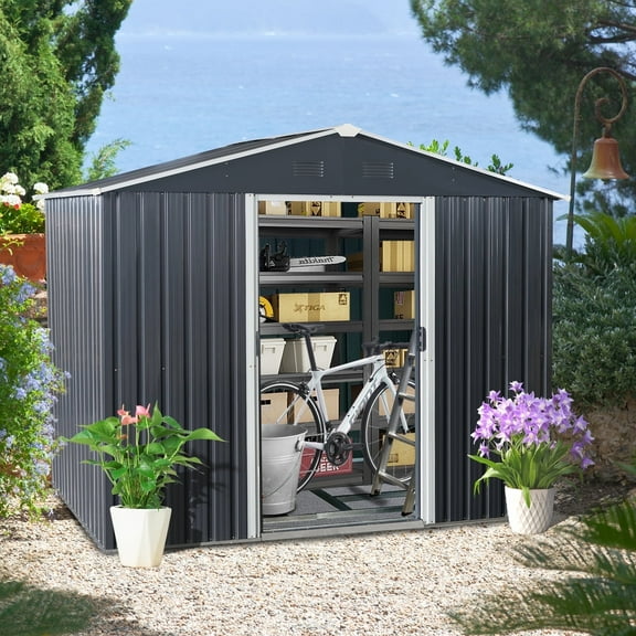 CarButler 8x6ft Metal Outdoor Storage Shed with Lockable Sliding Doors for Garden Backyard Patio Lawn Black