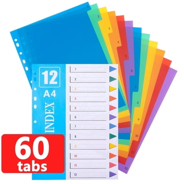 sixwipe 60-Tab Binder Dividers, 5-Set Plastic Notebook Dividers with 12 Tabs, 11-Hole Punched for 3-Ring Binders, Office & School Supplies