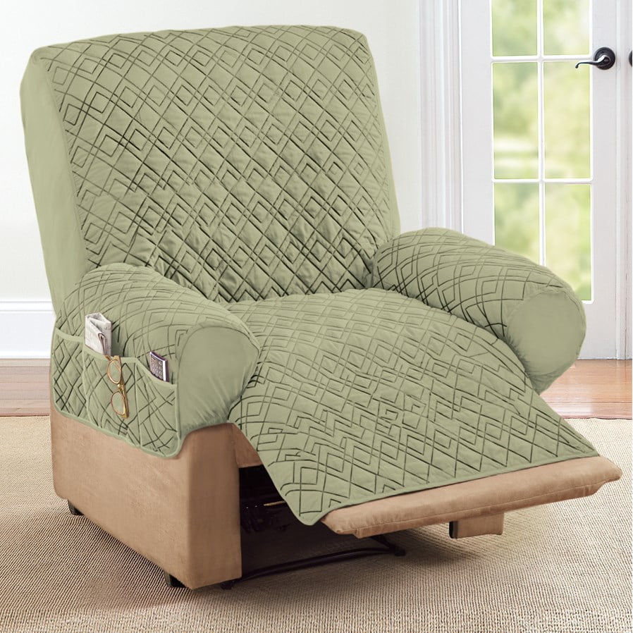 Collections Etc Diamond-Shape Quilted Stretch Recliner Cover with Storage Pockets (SAGE)
