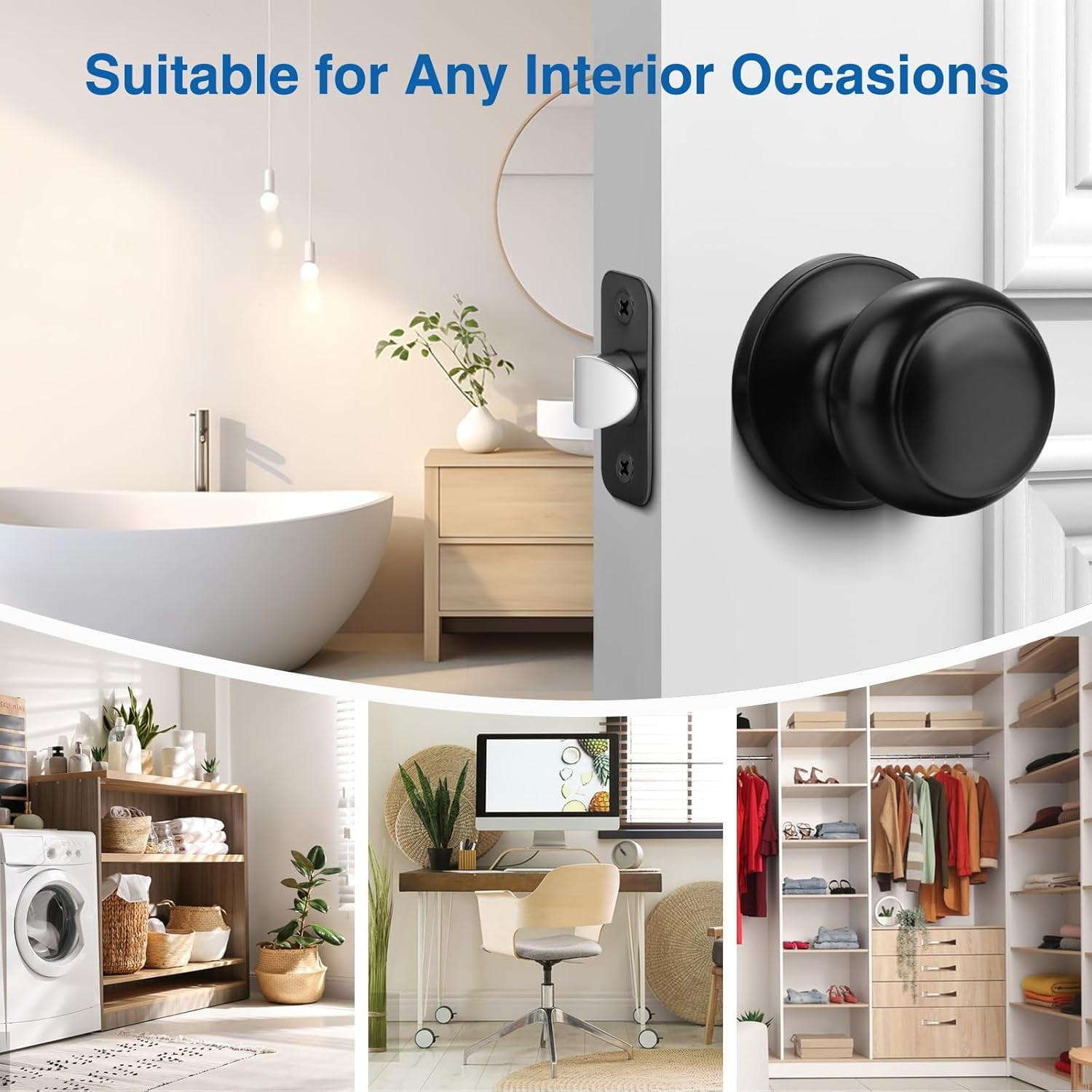 Black Door Knob, 5 Pack Round Keyless Doorknobs Interior/Exterior Lockset, Passage Locking Door Knobs for Bedroom/Bathroom, Black Modern Design Door Hardware