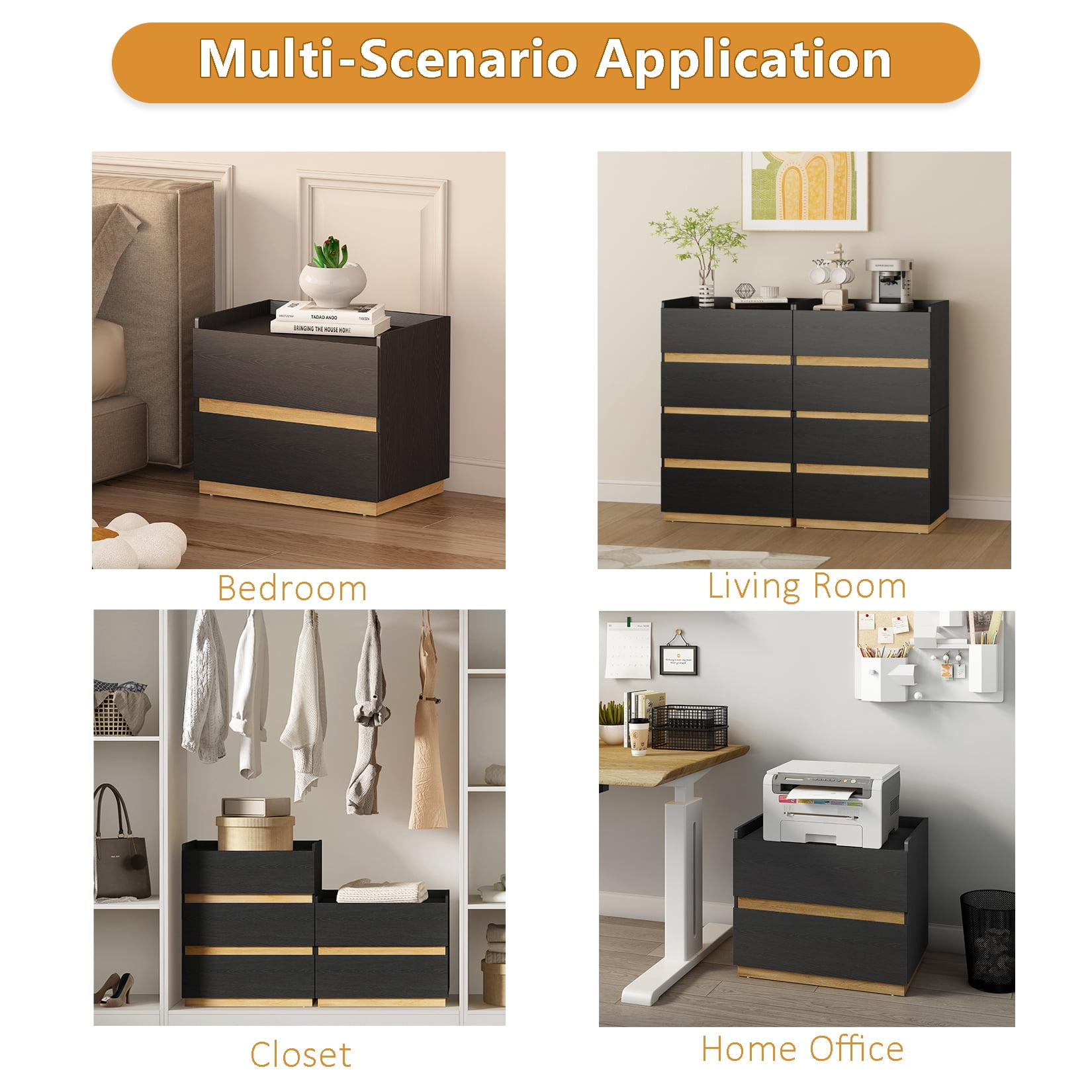 H&3L BLACK Nightstand ，Modern large Bedside Table， Wood Stackable  2 Drawer Dresser for Clothes for Closet，Bedroom,Living Room，16"D x 24"W x 20"H