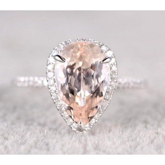 Sale 1.75 Carat 8x5mm Pear Cut Morganite and Diamond Moissanite Halo Engagement Ring for Women with 18k Gold Plating