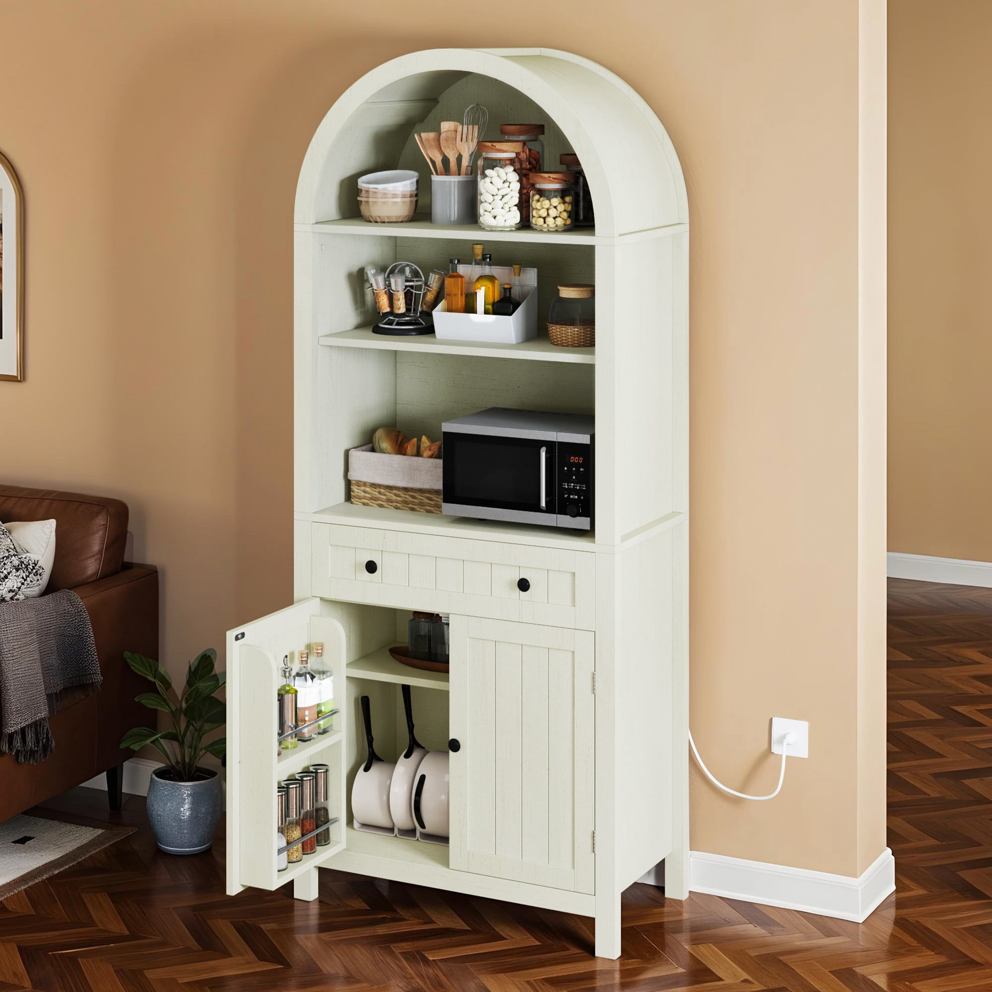 Uforic Arched Kitchen Pantry Cabinet, 73" Tall Farmhouse Wood Pantry Shelves with Charging Station, White